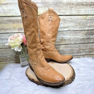 Frye Carson Tan Brown Distressed Genuine Leather Sz 5.5 B Mid Calf Boots 77687